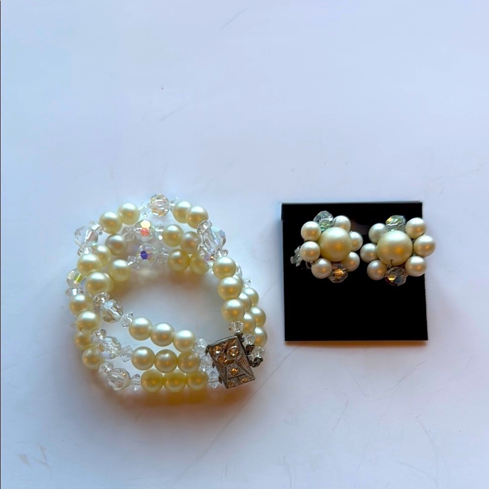 Elegant Vintage Pearl and Crystal Up-Cycled Bracelet and Earrings Jewelry Set